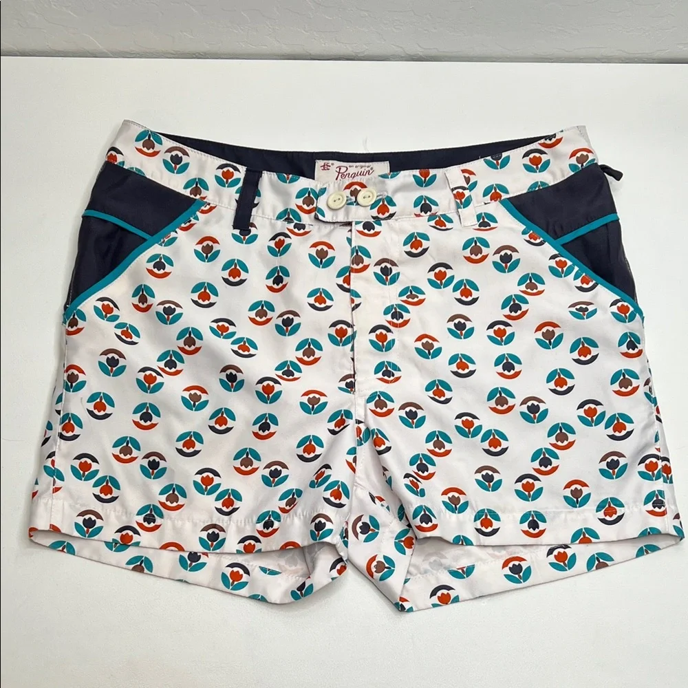 Penguin men’s swim swim trunks shorts cream blue teal orange retro floral 32